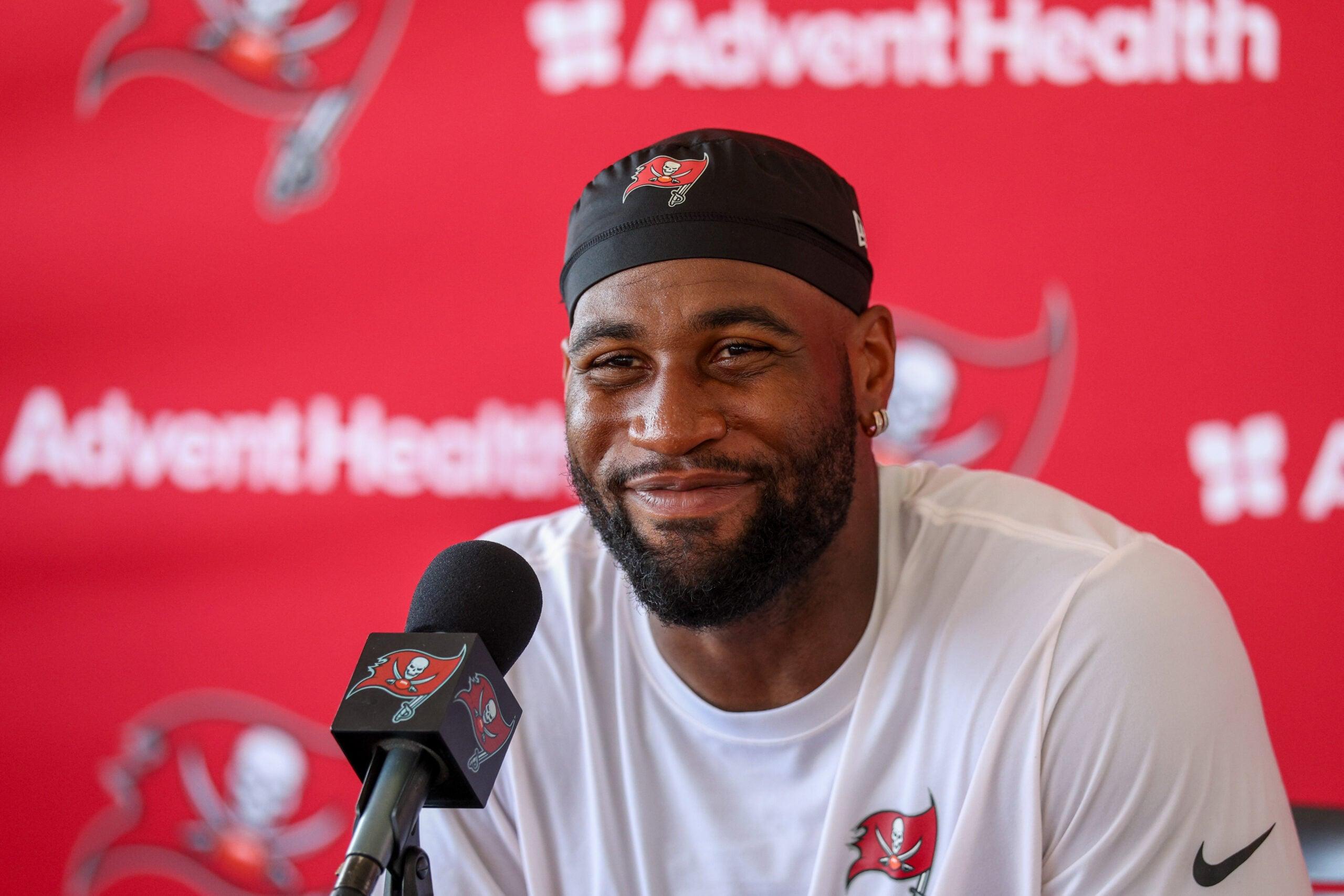 Haason Reddick speaks with reporters after Buccaneers training camp.