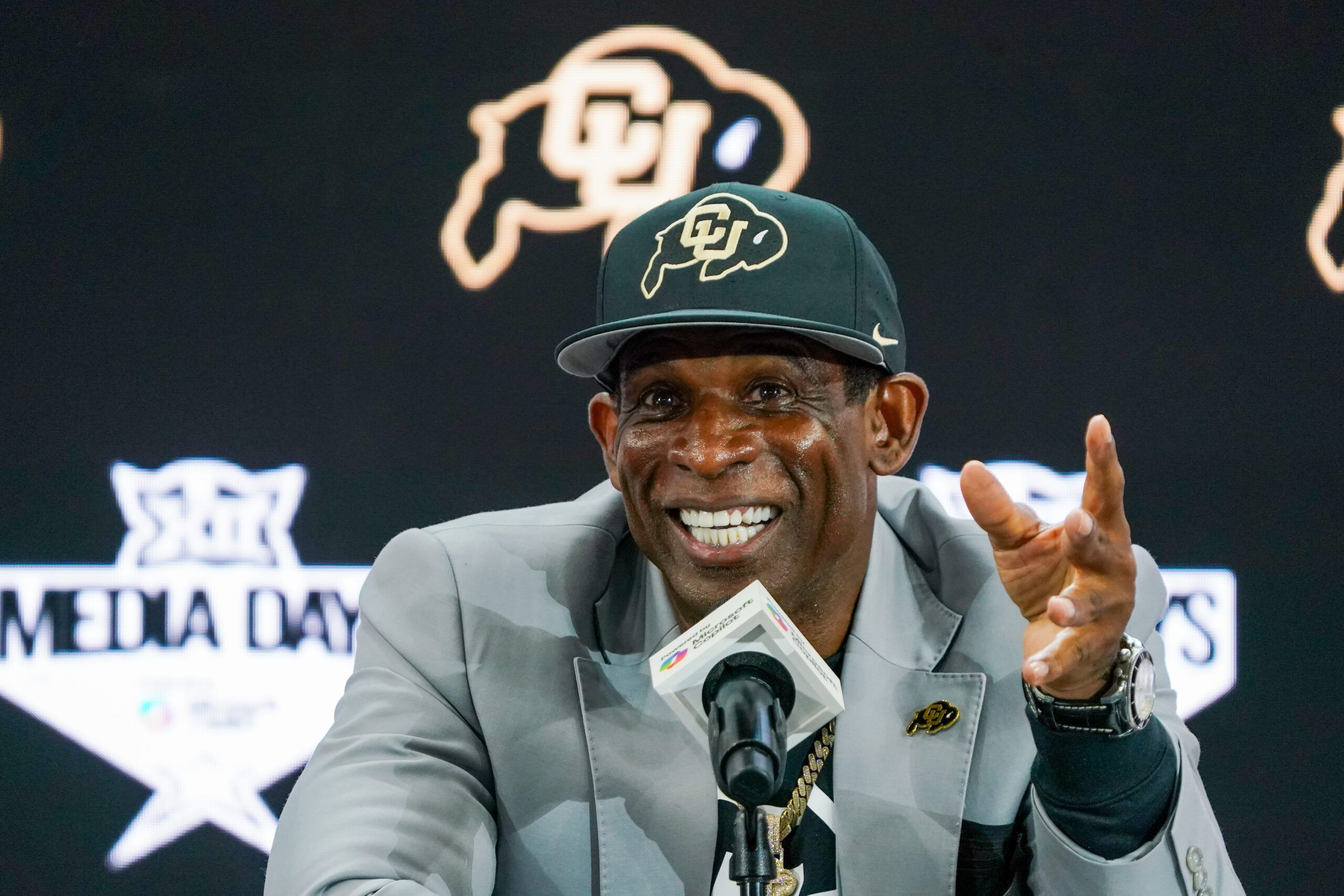 Deion Sanders in 2025 at a press conference.
