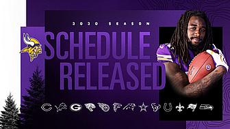 Minnesota Vikings player holding football with 2020 schedule release graphic and opponent logos.