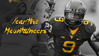 Football player wearing gold and dark jersey number 9 with "Fear the Mountaineers" text.