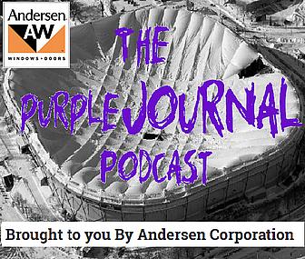 The Purple Journal Podcast logo with Andersen Corporation branding and stadium aerial view.