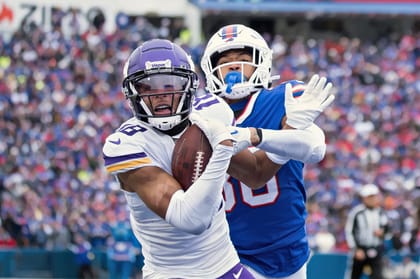 Justin Jefferson works against Bills cornerback Dane Jackson during a first-quarter play at Highmark Stadium.