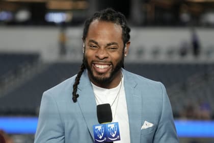 Richard Sherman appears on the Amazon Prime Thursday Night Football set at SoFi Stadium before a preseason game.