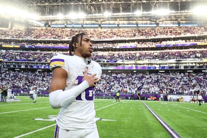 Justin Jefferson celebrates after a Vikings win against the Giants at U.S. Bank Stadium.