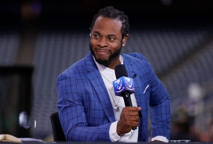 Richard Sherman on the broadcast set before the Texans vs. 49ers game in Houston.