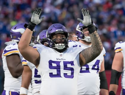 Vikings defensive tackle Khyiris Tonga set at the line of scrimmage against the Bills at Highmark Stadium.