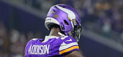 Jordan Addison and Sam Darnold celebrate Vikings touchdown vs. Packers.