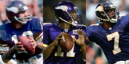 Vikings QBs Fran Tarkenton, Daunte Culpepper, and Randall Cunningham. VT ranks all Vikings QB in the summer of 2025.