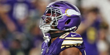 Vikings linebacker Jonathan Greenard celebrates after a sack against the Falcons during second-half action.