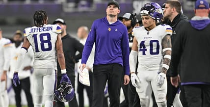 Kevin O’Connell, Justin Jefferson, and Ivan Pace Jr. react late vs. Lions on Dec. 24, 2023.