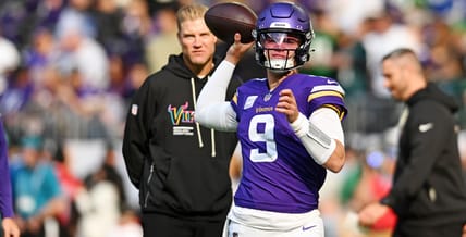 Vikings QB J.J. McCarthy in 2025, warming up before MIN-PHI