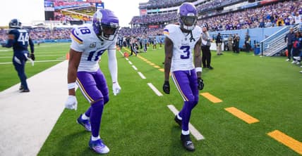 Vikings wide receivers Justin Jefferson and Jordan Addison celebrate a touchdown against the Tennessee Titans at Nissan Stadium.