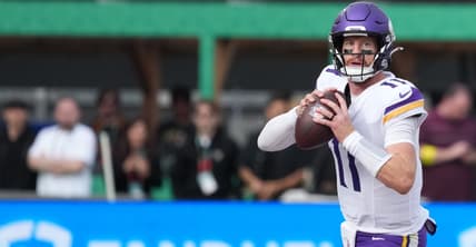 Carson Wentz looks downfield during a Vikings international game against the Steelers in Dublin.