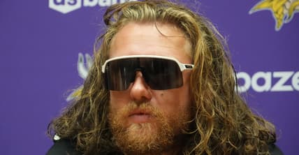 T.J. Hockenson speaks during a Vikings press conference at the Sport Ireland Campus in Dublin, Ireland.