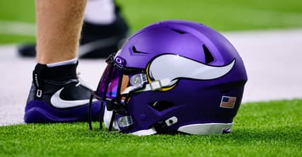 Vikings helmet rests on the turf during minicamp in Eagan.