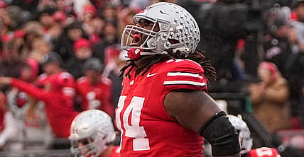 Donovan Jackson (74) plays tackle for Ohio State after shifting from guard due to injury.