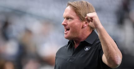 Jon Gruden as coach of the Raiders in 2021, two years before Senior Bowl work with Dalton Risner.