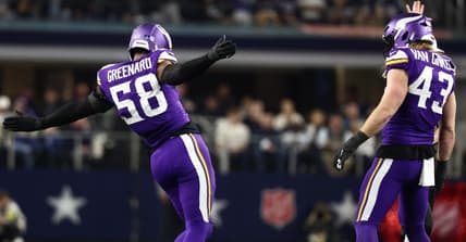 Jonathan Greenard and Andrew Van Ginkel celebrating a defensive play against the Cowboys