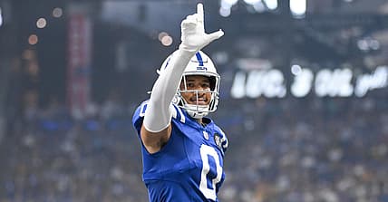 Cam Bynum celebrates after a defensive stop for the Colts against the Packers at Lucas Oil Stadium.