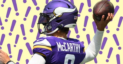 Vikings quarterback J.J. McCarthy warms up before facing the Raiders at U.S. Bank Stadium