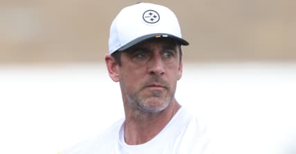Aaron Rodgers at Steelers training camp in 2025.