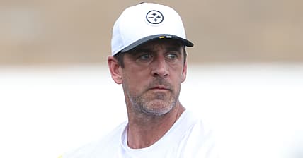 Aaron Rodgers at Steelers training camp in 2025.