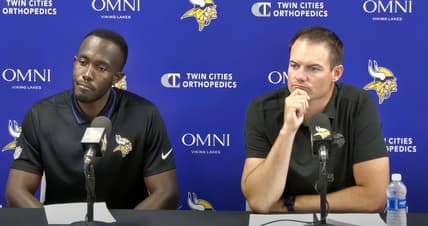 Kevin O’Connell and Kwesi Adofo-Mensah speak to the media before Vikings training camp at TCO Performance Center.
