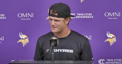 J.J. McCarthy answers questions during Vikings Training Camp at the TCO Performance Center.