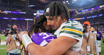 Vikings RB Aaron Jones with GB's Jordan Love in 2024.