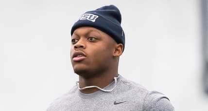 Kobe King warms up during Penn State Pro Day at Holuba Hall in State College.
