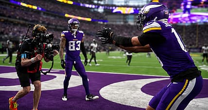 Justin Jefferson celebrates after scoring a touchdown against the Falcons.
