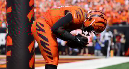 Zack Moss celebrates a TD in 2024.