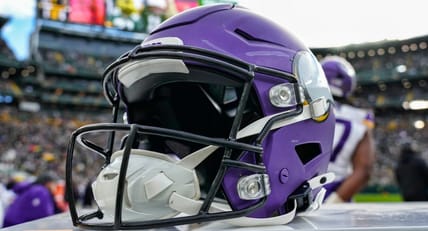 Vikings helmet on display at Lumen Field in November 2025.