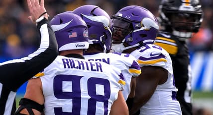 Bo Richter celebrates with Vikings teammates during a game against the Steelers in Dublin.