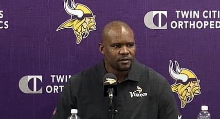 Brian Flores speaks at his introductory press conference with the Vikings.