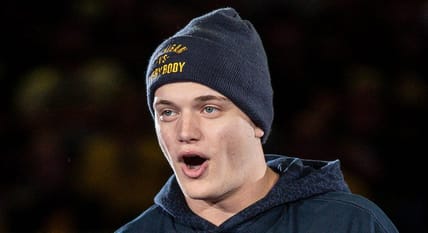 J.J. McCarthy speaks at Michigan national championship celebration, January 2024.
