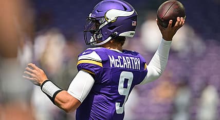 J.J. McCarthy warms up before the Vikings’ preseason game against the Raiders at U.S. Bank Stadium.
