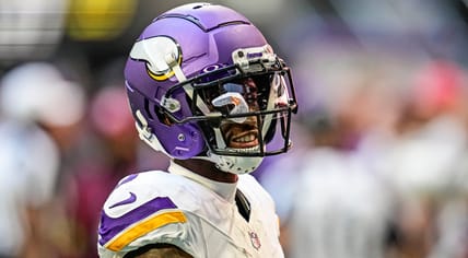 Minnesota Vikings wide receiver Jordan Addison during pregame warmups before a game against the Atlanta Falcons at Mercedes-Benz Stadium.