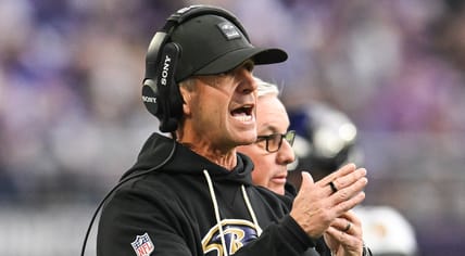 Ravens head coach John Harbaugh against the Vikings in 2025