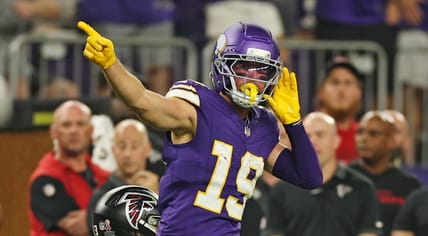 Adam Thielen celebrates a first down against Atlanta.