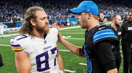 T.J. Hockenson and Jared Goff at the end of the regular season in 2024