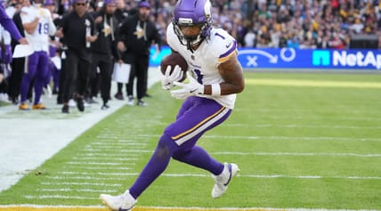 Minnesota Vikings WR Jalen Nailor catches a pass in Dublin in 2025.