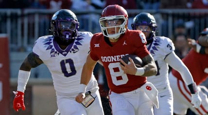 TCU's Shad Banks pursues Oklahome QB Dillon Gabriel