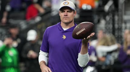 Kevin O'Connell reacting on the sideline during a Vikings road game against the Raiders at Allegiant Stadium.