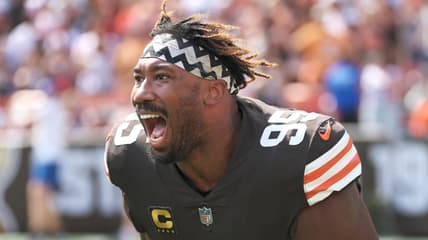 Myles Garrett enters the field before a Cleveland Browns game against the New York Jets.