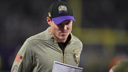 Kevin O’Connell walks off the field at U.S. Bank Stadium during a Vikings game.