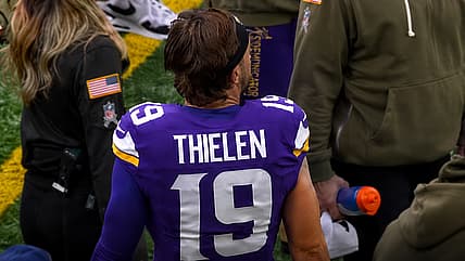 Thielen walks the sideline during a Vikings game against Baltimore.