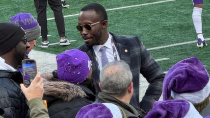 Vikings general manager Kwesi Adofo-Mensah stands on the sideline during a game against the Giants