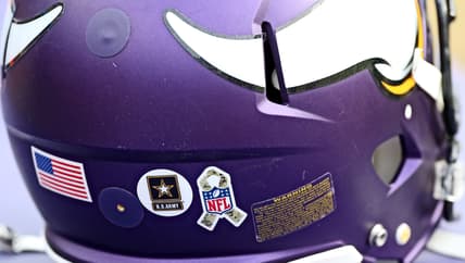 Minnesota Vikings helmet rests on the sideline during a preseason game against the Buffalo Bills.