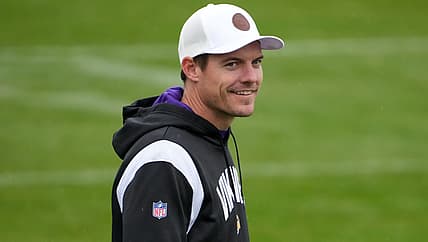 Vikings head coach Kevin O’Connell watches practice during the team’s London trip preparations.